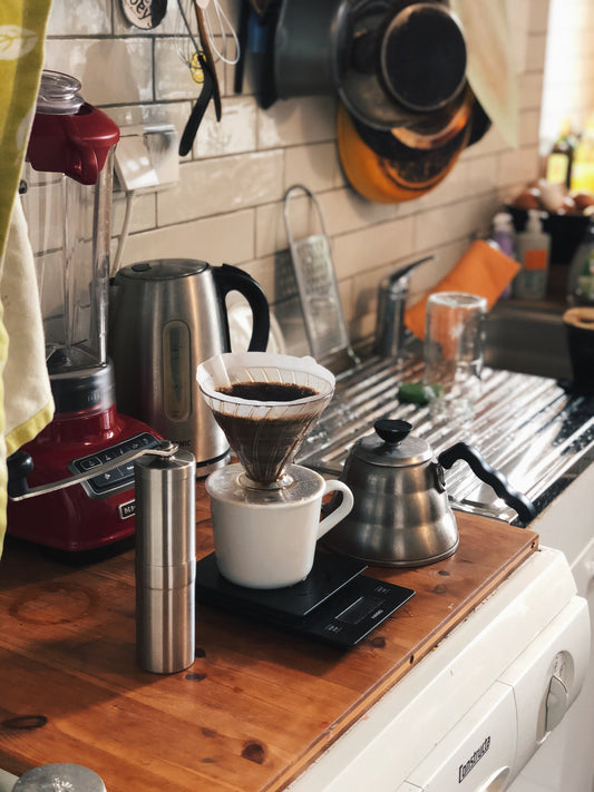 EIZA pour-over coffee kit on a kitchen counter